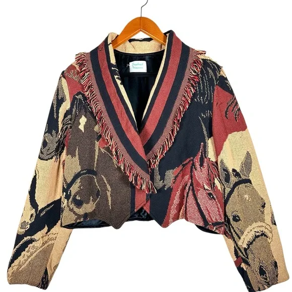VINTAGE Cropped Horse Print Fringed Throw Blanket Western Jacket - Picture 1 of 14